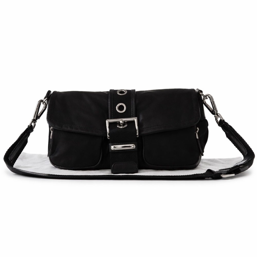 Prada Tessuto Vitello Convertible Shoulder Bag Black Nylon Dual Zip - Picture 4 of 14
